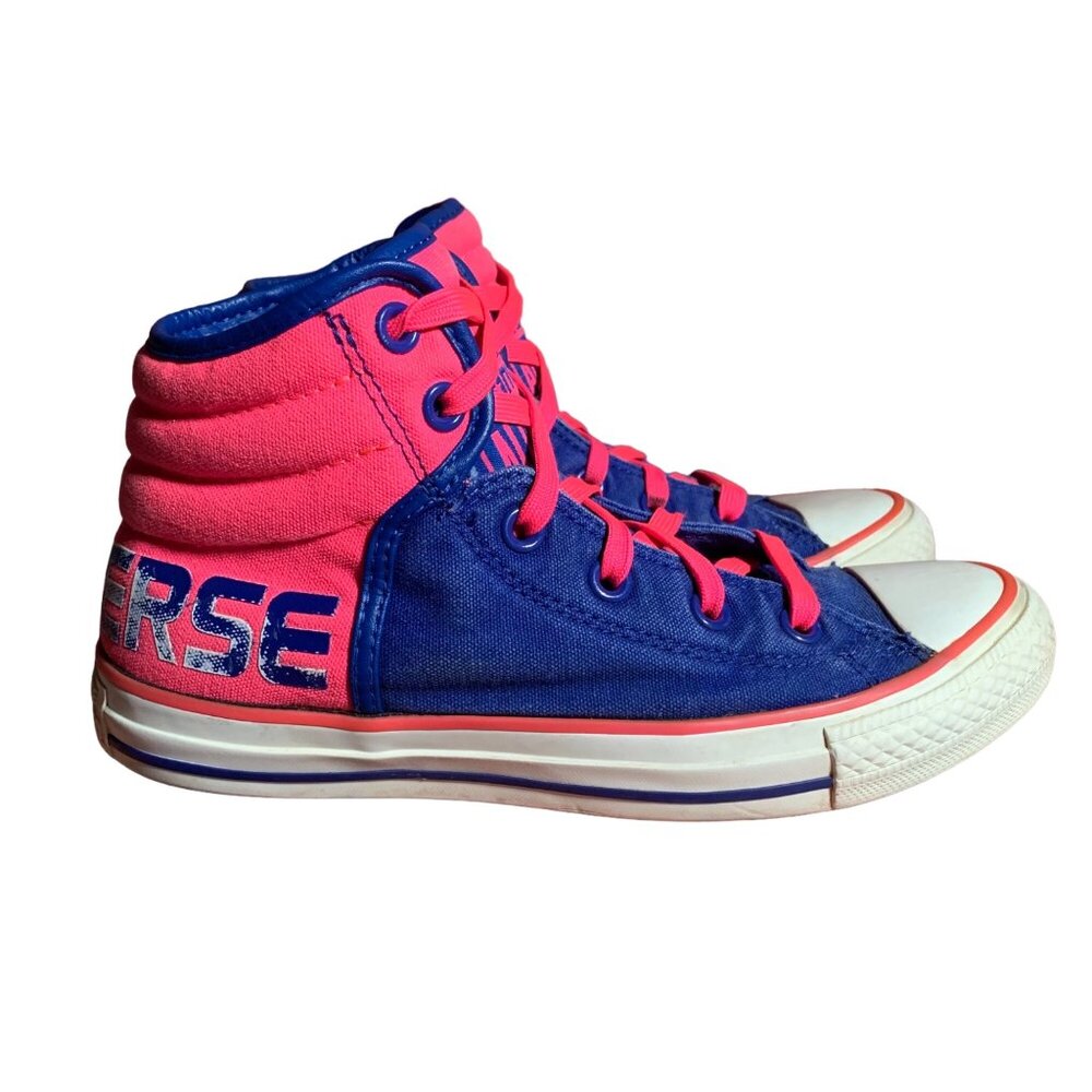Converse Sneakers Juniors 5 Womens 7 Hot Pink Blue Spell Out High Top Shoes RARE
